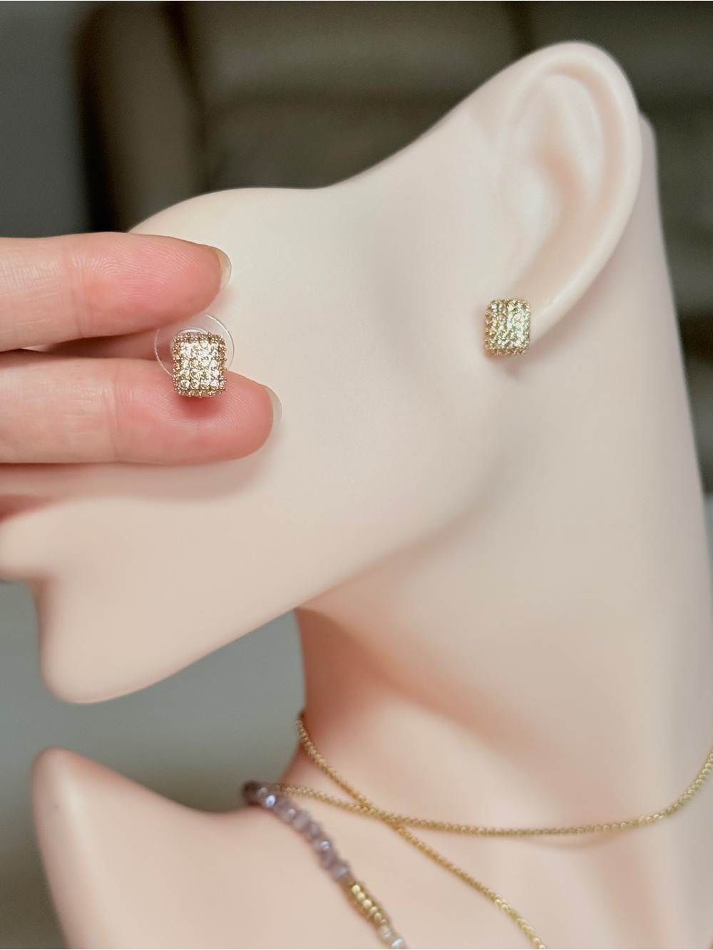 Gold Pave Square Stud Earrings - Picture 8 of 11